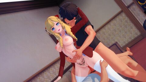 1girls 2boys 3d accursedflowers anal black_hair black_shirt blonde_hair blonde_pubic_hair blue_eyes breasts censored censored_penis censored_pussy claire_francois double_penetration drill_hair female half-dressed hand_on_another's_head hands_on_belly hands_on_legs hands_on_thighs happy happy_sex heart heart-shaped_pupils highres inmon koikatsu large_breasts legwear lesbian_pride_colors lgdiva light-skinned_female light_skin long_hair looking_at_another looking_at_partner looking_back male mosaic_censoring multiple_boys multiple_males no_panties on_back on_sofa open_clothes orientation_play penetration penis pubic_hair pubic_tattoo purple_lipstick pussy red_shirt royalty sex sex_from_behind short_hair smile symbol-shaped_pupils tan-skinned_male tattoo thighhighs thighs vaginal_penetration watashi_no_oshi_wa_akuyaku_reijou white_legwear white_shirt white_thighhighs