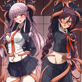 2girls arms_up bakasp-lilzy black_hair black_jacket black_ribbon black_skirt blush bound bound_arms braid collared_shirt cowboy_shot danganronpa danganronpa:_trigger_happy_havoc danganronpa_(series) female frown fukawa_toko fukawa_touko glasses grey_hair groin hair_ribbon highres jacket kirigiri_kyoko kirigiri_kyouko long_hair long_sleeves miniskirt multiple_females multiple_girls navel necktie open_clothes open_jacket orange_necktie pleated_skirt restrained ribbon round_eyewear shirt side_braid skirt tentacle tentacle_sex tickling twin_braids twintails white_shirt