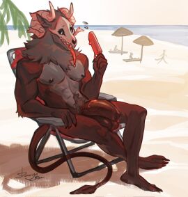balls beach bone claws daryabler digital_drawing_(artwork) digital_media_(artwork) food foreskin fur genitals glans hi_res horn humanoid_genitalia humanoid_penis male muscular muscular_male nipples penis popsicle rodrick_(daryabler) sitting skull skull_head solo spade_tail tail tongue tongue_out uncircumcised