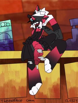 animated anthro apron beverage black_body bodily_fluids cafe clothing cum demon detailed_background fangs freckles genital_fluids hair ice intersex loop musk red_body shi_(oolongmatchatea) short_hair sitting solo teeth theenyface