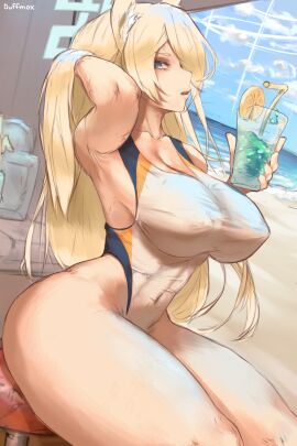 1girls absurd_res ass beach belly bikini blue_archive blue_eye breasts curvy drink drinking_glass duffmox female female_focus female_only halo huge_breasts kanna_(blue_archive) lemon light-skinned_female light_skin nipple_bulge outdoors public public_peace_bureau_(blue_archive) sand sky thick_ass thick_legs thick_thighs thighs valkyrie_police_school_student yellow_hair