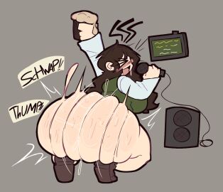 1girls 2025 2d 2d_(artwork) ass ass_bigger_than_head ass_focus azumanga_daiou beer big_ass blush bottomless brown_hair butt_focus chibi_style digital_drawing_(artwork) digital_media_(artwork) female huge_ass hyper_ass hyper_butt impact_lines karaoke long_hair long_sleeves meatoids microphone motion_lines oiled oiled_ass oiled_up onomatopoeia shiny_ass shoes simple_background solo solo_female speaker throwing_it_back twerking yukari_tanizaki