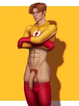 abs big_cock big_penis caucasian caucasian_male changing_clothes dc dc_comics drawnpr0n flaccid flaccid_penis foreskin green_eyes huge_cock kid_flash male male_only pants_down penis red_hair shirt_lift superhero taking_clothes_off teenage_male uncircumcised uncut wally_west young_justice