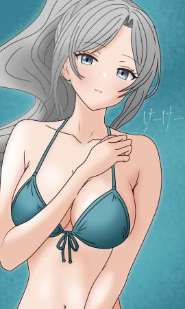 arm_across_chest bikini breasts d4dj female japanese_text keekee_(kk_d4ni) looking_at_viewer niijima_ibuki swimsuit watermark