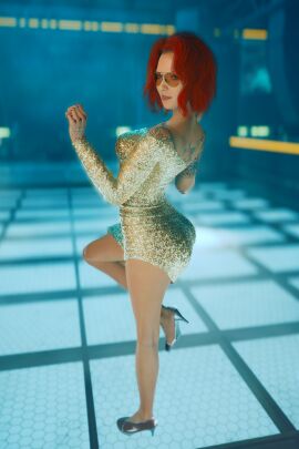 1girls 3d ass blue_eyes booty breasts clothing club cyberpunk_2077 dress female glasses heels photorealistic posing realistic red_hair valerie_(cyberpunk_2077)