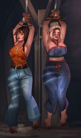 2d 2girls alternate_version_available arms_above_head barefoot blonde_hair blue_eyes blue_pants bondage bound brown_eyes brown_hair chained chained_up clothed clothed_variant clothing concerned crossover dbd dead_by_daylight dirty_feet female glasses highres jane_romero jeans julie_crawford looking_at_viewer orange_clothing rope rope_bondage surprised texas_chainsaw_massacre thick topwear voluptuous_female zaplock13