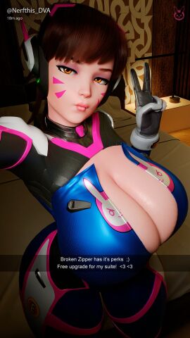 1girls 3d amber_eyes asian asian_female big_breasts blizzard_entertainment breasts brown_hair caption d.va female headphones huge_breasts light-skinned_female light_skin looking_at_viewer makeup overwatch overwatch_2 peace_sign ripped_clothing scrag_d.va selfie snapchat snoopz tight_clothing v_sign voluptuous watermark young