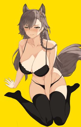 absurdres animal_ears arknights bare_arms bare_shoulders between_legs black_bra black_panties black_thighhighs blush bra braid breasts brown_hair cleavage closed_mouth collarbone earrings female full_body hand_between_legs highres jewelry large_breasts long_hair looking_at_viewer multi_ear navel panties penance_(arknights) side_braid simple_background sitting smile solo sonzai_soumei tail thighhighs underwear very_long_hair wariza wolf_ears wolf_girl wolf_tail yellow_background