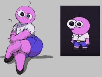 1boy adult_swim ass crossed_legs dedoggyskullz femboy gay_male grey_background heels looking_at_viewer male male_only pim_(smiling_friends) pink_body reference_image smile smiling_at_viewer smiling_friends thick_ass thick_thighs voluptuous_male wide_hips wide_thighs wkkeezy_(artist)