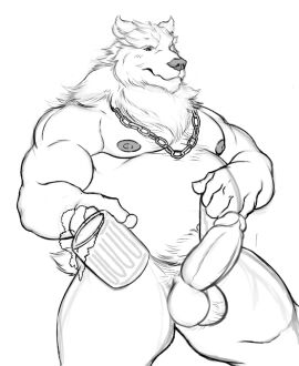 alcohol anthro balls bear beer ben_bigger beverage big_balls big_pecs big_penis blush genitals gerosandias081 hi_res humanoid_genitalia humanoid_penis looking_at_viewer male male_anthro male_only mammal mihoyo muscular nude pecs penis presenting presenting_penis solo solo_male thiren zenless_zone_zero