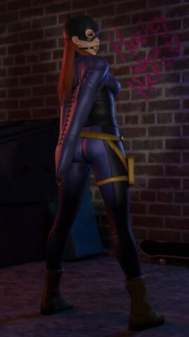 3d armbinder arms_behind_back ball_gag barbara_gordon batgirl batgirl_(gotham_knights) batman_(series) bdsm_gear bondage bondage_gear boots bound captured captured_heroine clothed_bondage damsel_in_distress dc dc_comics facing_away female femsub fully_clothed gag gagged ginger gotham_knights long_hair night outside red_hair restrained rindekey scared standing superheroine