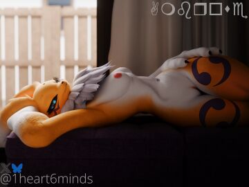 1heart6minds 3d anthro areola bandai_namco bikini blue_eyes breasts canid canine clothing digimon digimon_(species) digital_media_(artwork) female fox genitals inside lying neck_tuft nipples nude on_back pussy renamon small_breasts solo swimwear thick_thighs tuft two-piece_swimsuit wide_hips