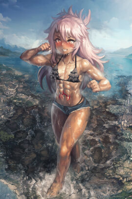 1girls abs blush breasts chloe_von_einzbern city dark-skinned_female dark_skin destruction fate_(series) female giantess hyper_giantess muscular muscular_female pink_hair small_breasts smile sweat sweaty thighs walking yilx