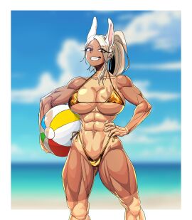 1girls abs absurd_res animal_ears beach beach_ball bikini breasts bunny_ears bunny_girl female golden_bikini grin hi_res huge_breasts miruko my_hero_academia outdoors red_eyes rumi_usagiyama solo sparkeyjinjin swimsuit tan_body tanline white_hair