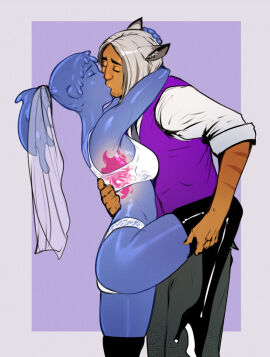 1boy 1girls blue_body blue_hair blue_skin bra female haruko_(character) izra kissing koshi_(character) male monster_girl original original_character original_characters panties ponytail slime slime_girl