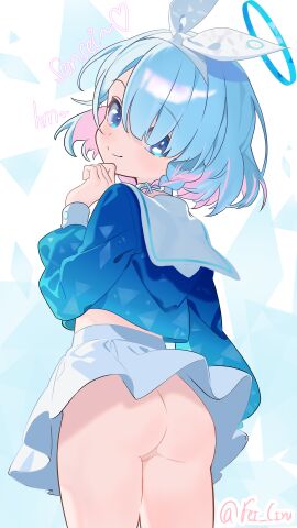 absurdres arona_(blue_archive) artist_name ass blue_archive blue_eyes blue_hair blue_halo blue_shirt bow bow_hairband braid cleft_of_venus closed_mouth colored_inner_hair commentary english_commentary fei_ciyu female from_behind hairband hairbow halo heart highres long_sleeves looking_at_viewer looking_back miniskirt multicolored_hair no_panties pink_hair pleated_skirt puffy_long_sleeves puffy_sleeves pussy sailor_collar sailor_shirt school_uniform serafuku shirt side_braid signature single_braid skirt smile solo twitter_username two-tone_hair white_bow white_hairband white_sailor_collar white_skirt