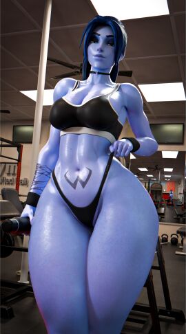 3d 3d_(artwork) amelie_lacroix blizzard_entertainment fitness gym overwatch thiccomantis thick_legs thick_thighs thighs thong widowmaker working_out