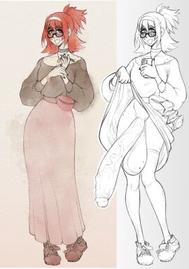 1futa 1girls 2021 balls before_and_after big_balls big_penis black_and_white black_choker black_nail_polish black_nails black_sweater blush blushing body_freckles bracelet brown_footwear brown_shoes brown_sweater choker clothed clothes_lift clothing color colored condom condom_strip condom_wrapper condoms crazy_eyes dark_eyebrows dress dress_lift fanny_pack female footwear freckles freckles_on_balls freckles_on_face freckles_on_hips freckles_on_shoulders fully_clothed futa_only futanari girthy_penis glasses gold_bracelet gold_necklace hair_between_eyes hairband hairstyle_request highres holding holding_pen holding_phone huge_balls huge_cock huge_penis huge_testicles human intersex jewelry kentayuki laces large_penis lifting_own_skirt light-skinned_futa light_skin long_penis long_skirt mari_(kentayuki) medium_hair nail_polish narrow_waist necklace open_mouth painting_(medium) partially_clothed pen penis phone pink_dress pink_skirt red_hair redhead shoelaces shoes side-by-side sidelocks skinny skirt slender slender_body smile solo standing sweater taking_picture tall_female testicles thick_eyebrows thick_penis thigh_high_socks thighhigh_socks thighhighs thin_legs thin_waist traditional_media veins veiny_penis watercolor watercolor_(artwork) watercolor_(medium) white_hairband wide-eyed wide_hips