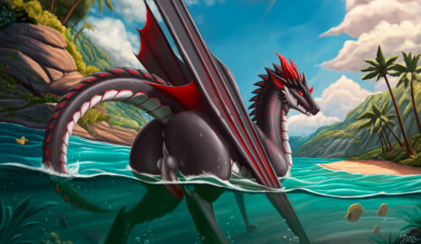 absurd_res ambient_among_us among_us_reference anatid anseriform anus ass avian big_butt bird bubble bzew claws cloud corral dragon duck erection european_mythology feral fish genitals hi_res horn innersloth island looking_at_viewer male marine markings metal metallic_body metallic_wings mythological_creature mythological_scalie mythology outside palm_tree penis plant rear_view red_eyes red_horn red_markings roifantome scales scalie solo standing tail toe_claws tree tropical underwater water western_dragon wing_claws wings wyvern