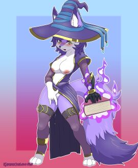 absurd_res anthro big_breasts blush bodily_fluids book breasts canid canine clothed clothing digital_media_(artwork) female finger_fuck fingering fox genital_fluids genitals gloves handwear hat headgear headwear hi_res k9player_(artist) legwear looking_down mammal masturbation nipples open_mouth simple_background solo standing stockings tail vaginal_fluids vaginal_penetration