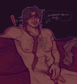 1centsilly almost_naked bartender bashful blush caught caught_in_the_act caught_masturbating caught_off_guard couch covering_crotch dilf facial_hair gallagher_(honkai:_star_rail) hairy honkai:_star_rail male male_only masturbation naked scruffy seated sitting sitting_down solo solo_male stubble tie