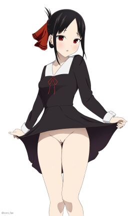 :o absurdres accurate_art_style ass_visible_through_thighs bare_legs black_hair breasts clothes_lift coro_fae dot_nose dress dress_lift female folded_ponytail groin hair_ribbon highres kaguya-sama_wa_kokurasetai_~tensai-tachi_no_renai_zunousen~ looking_at_viewer no_panties official_style open_mouth pussy red_eyes red_ribbon ribbon school_uniform shinomiya_kaguya shuuchiin_academy_school_uniform simple_background skirt_lift small_breasts solo thighs uncensored white_background