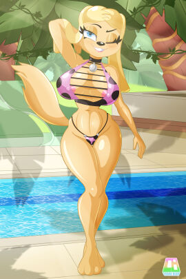 absurd_res anthro big_breasts bikini bikini_bottom bikini_top blonde_hair brandy_and_mr._whiskers brandy_harrington breasts brown_body brown_skin canid canine canis clothing cranebear disney domestic_dog female hi_res mammal nipples pink_bikini pink_bikini_bottom pink_bikini_top pink_clothing pink_nipples pink_swimwear pinup pool pose sexy_eyes solo swimwear tail two-piece_swimsuit