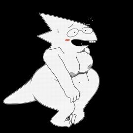 1girls 2d alphys breasts embarrassed embarrassed_nude_female enf female female_only humanoid lizard_girl lizard_humanoid monochrome nude solo tagme thedogwdpupils undertale undertale_(series)