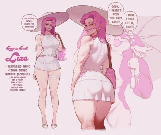 1girls ass audino blue_eyes breasts english_text female fit fit_female full_body generation_5_pokemon grin grinning_at_viewer hat highres joi_(pokemon) joy_(pokemon) large_hat lizo_(thiccwithaq) long_hair looking_at_viewer mature_female multiple_views muscular nintendo open_mouth original pink_hair pokemon pokemon_(creature) scar scar_across_eye scar_on_face skirt smile smiling smiling_at_viewer speech_bubble tabunne talking_to_viewer thiccwithaq thigh_strap toned toned_female