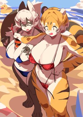 2girls anthro ass big_ass big_breasts bikini breasts bubble_ass bubble_butt cleavage closed_eyes eyes_closed feline female furry huge_ass huge_breasts mei_xiang mx99926 navel navel_piercing short_hair swimsuit tagme tiger tiger_girl