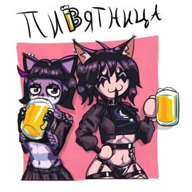 2girls beer bondage_outfit character_request choker collar female goth goth_girl harness hypermorphism_(artist) meme neko panties tagme_(character)