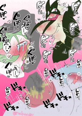 areola big_breasts black_sclera blue_hair blush bodily_fluids breasts clothing cum cum_in_mouth cum_in_nipples cum_in_pussy cum_inside deepthroat felid feline fellatio female female_penetrated fur gardevoir generation_3_pokemon generation_8_pokemon generation_9_pokemon genital_fluids green_body green_fur green_hair group hair hat hatterene headgear headwear huge_breasts japanese_text male male/female male_penetrating male_penetrating_female mammal mask meowscarada nakaasa nintendo nipple_fetish nipple_penetration nipple_play nipples nude oral oral_penetration penetration penile penile_penetration penis penis_in_pussy pink_eyes pokemon pokemon_(species) pussy red_eyes rough_sex sex text translation_request vaginal_penetration white_body white_skin