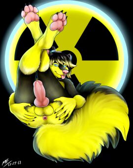 anthro anus ass balls black_body black_fur canid canine canis claws crossdressing crossdressing_(mtf) crossdressing_male domestic_dog femboy fluffy fluffy_tail fur gay gay_anal gay_male gay_sex genitals hazard_symbol homosexual homosexual_male homosexual_sex husky hybrid knot legs_up lying male male/male male_only male_penetrated male_penetrating male_penetrating_male mammal mephitid moodyferret nordic_sled_dog nude on_back penis penis_backwards penis_tuck presenting presenting_anus radiation_symbol skunk slim solo solo_male spitz spread_anus spread_ass spread_butt spreading spritz_erosphillyra symbol tail teasing teasing_viewer thick_tail yaoi yellow_body yellow_fur