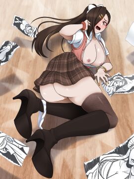boots breasts breasts_out brown_hair clumsy female fire_emblem fire_emblem_fates incognigoat kagero_(fire_emblem) orange_nails orochi_(fire_emblem) painting panties panties_around_leg panties_down school_uniform stockings