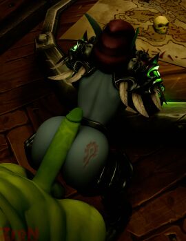 1boy 1girls 3d against_table artist_name ass assjob blue_body butt_tattoo buttjob elf female male orc orc_male orced penis standing sylvanas_windrunner unseen_female_face unseen_male_face world_of_warcraft zren