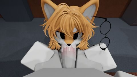1boy 1girls 3d anthro blowjob canine cum cum_in_mouth cum_on_penis daftcritter damīnu_(daftcritter) dummy_(roblox) female furry glasses large_penis male office oral orange_fur orange_hair penis pov roblox robloxian self self_upload shiba_inu tagme