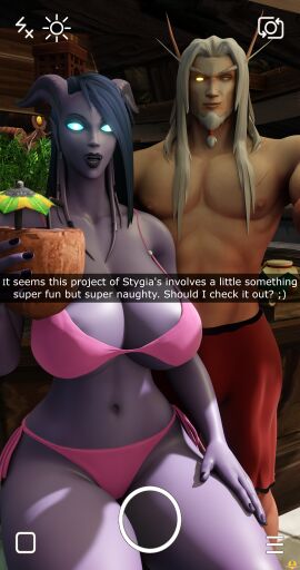 1boy 1girls 3d big_breasts bikini blizzard_entertainment blood_elf breasts draenei female horns huge_breasts kalec_sunwhisper light-skinned_male light_skin male mr_sunwhisper nipple_slip nude original_character purple_hair purple_skin snapchat stygia_(ladystygia) tail thick_thighs voluptuous voluptuous_female warcraft world_of_warcraft