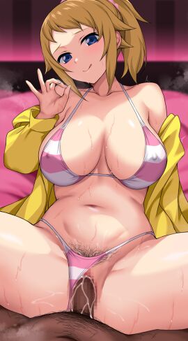1boy 1girls bare_shoulders big_breasts bikini bikini_bottom_aside blue_eyes blush breasts cameltoe censored clothing_aside commentary_request covered_nipples cum cum_in_pussy dark-skinned_male dark_skin female female_pubic_hair gold_choker gundam gundam_build_fighters gundam_build_fighters_try hair_ornament highres holding hoshino_fumina interracial jacket jacket_partially_removed large_breasts light-skinned_female light_brown_hair light_skin long_sleeves looking_at_viewer male micro_bikini mosaic_censoring navel nirowata off_shoulder ok_sign open_clothes open_jacket pink_bikini ponytail pov pubic_hair pussy sex sidelocks sitting solo_focus spread_legs striped_bikini striped_clothes sweat swimsuit two-tone_bikini vaginal_penetration white_bikini yellow_bikini yellow_jacket