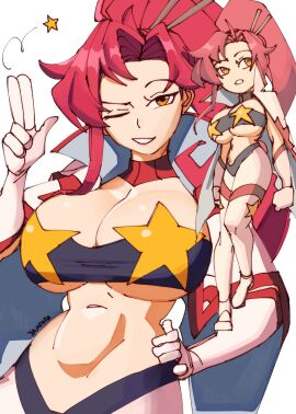 1girls 3amsoda bikini black_bikini breasts chibi cleavage female gloves hair_ornament highres huge_breasts jacket large_breasts long_hair navel one_eye_closed open_clothes open_jacket ponytail red_hair space_yoko star_(symbol) swimsuit tengen_toppa_gurren_lagann very_long_hair yellow_eyes yoko_littner