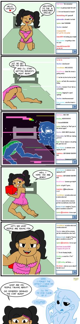 2girls ass black_hair box breasts camgirl chat_box chat_log chatroom comic comic_panel computer dark-skinned_female dark_skin dialogue doris doris_nicholas english_text eyebrow_piercing female ghost ghost_girl ghostmates glitch judith judith_ferreira livestream multiple_females multiple_girls nightgown nipple_bulge on_bed pov purple_highlights red_box stream_chat streamer streaming talking_to_viewer twintails twintails_(hairstyle) video_recording winking winking_at_viewer xierra099