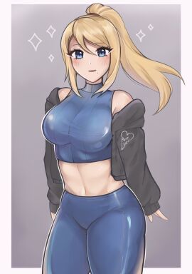 1girls artist_name blonde_hair blue_eyes breasts busty casual_outfit_(metroid) female fit fit_female gym_clothes light-skinned_female light_skin metroid midriff nintendo open_sweater ponytail purrlucii samus_aran thick_thighs tight_pants
