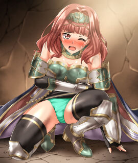 1girls absurdres alternate_costume arm_armor bare_shoulders bare_thighs black_gloves black_thighhighs breasts cape celica_(fire_emblem) cleavage female female_only fingerless_gloves fire_emblem fire_emblem_echoes:_shadows_of_valentia fire_emblem_heroes gloves green_panties highres large_breasts leg_armor looking_at_viewer medium_hair nintendo official_alternate_costume one_eye_closed open_mouth panties pantyshot pencil_skirt red_eyes red_hair skindentation skirt solo thighhighs thighs underwear zanntetu