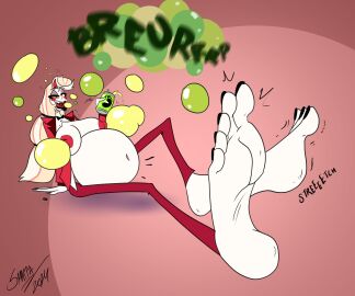 1girls big_breasts bloated_belly breasts bubbles burp burp_cloud burp_fetish burping charlie_morningstar_(hazbin_hotel) expansion extremety_growth feet feet_expansion female foot_fetish foot_growth hazbin_hotel huge_belly huge_feet lipstick nail_polish nipples obese obese_female open_shirt slob smappa soda soda_can weight_gain weight_gain_female