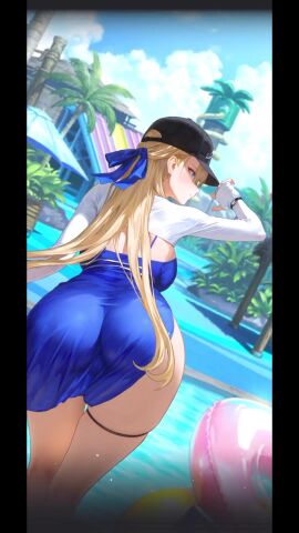 ass baseball_cap beach black_headwear blonde_hair blue_dress blue_eyes blue_sky bow bracelet breasts brown_dust_(series) cg cloud day dress female from_behind hair_ribbon hat jewelry large_breasts long_hair long_sleeves looking_at_viewer looking_back ocean official_art one-piece_swimsuit outdoors palm_leaf palm_tree plant sky solo swimsuit tagme thigh_strap thighs tree very_long_hair video water wilhelmina_(brown_dust)