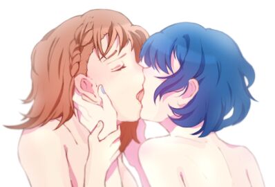 blue_hair brown_hair hanasato_minori kiritani_haruka kissing lesbian_kiss naked project_sekai tongue_out yuri
