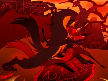 bedding big_claws black_body black_fur blanket bone bone_wings canid canid_demon canine canis castle claws cross demon duo eye_contact eyelashes female feral fluffy fluffy_tail fur genitals hellhound hi_res horn husband_and_wife hybrid jackal jewelry knot knotted_penis leg_markings long_eyelashes long_tail looking_at_another lucifer_(zoophobia) male male/female mammal markings married_couple mountain muscular muscular_male mythological_canine mythological_creature mythology narissa_(zoophobia) necklace on_blanket orange_body orange_fur outside outside_sex penetration penis plant pussy quadruped red_body red_eyes red_fur red_sclera red_sky sex skull skull_head sky slim slim_female slim_feral small_waist socks_(marking) staring_into_eyes tail tree unusual_anatomy unusual_wings vaginal_penetration wings zephyr_lyall