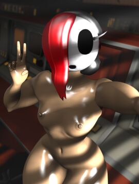 1girls 3d artist_request black_hood breasts curvy female female_only hair_over_one_eye hood light-skinned_female light_skin looking_at_viewer mario_(series) mask naked nintendo nipples nude red_hair shy_gal shy_gal_black solo thick thick_hips thick_thighs thighs v white_mask wide_hips