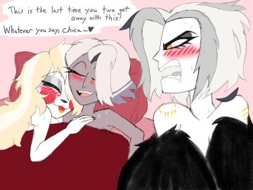 after_sex angel bite_mark blonde_hair blush charlie_morningstar_(hazbin_hotel) closed_eyes demon dialogue erisjoy female female/female female_only hazbin_hotel hellaverse joyerisjoy lute_(hazbin_hotel) nude open_mouth open_smile pleasure_face purple_body smile speech_bubble sweat tagme_(artist) tongue tongue_out trio vaggie_(hazbin_hotel) white_body white_hair wings yuri