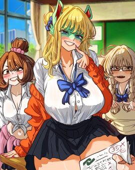 3girls aged_up alternate_hairstyle alternate_universe animal_ears bespectacled black_skirt blonde_hair blue_bowtie blue_eyes blush blush_sticker boku_no_hero_academia bra_peek breasts brown_hair classroom cleavage female front-tie_top glasses gpa green-skinned_female green_skin grin gyaru hair_bun half_updo himiko_toga huge_breasts ippan_josei izuku_midoriya light_brown_hair looking_at_viewer loose_bowtie male male_pov medium_breasts midoriya_izuku monster_girl multiple_females multiple_girls my_hero_academia naughty_face nerd nerdy_female ochako_time-skip ochako_uraraka off-shoulder_sweater out_of_character partially_unbuttoned pink_nails pov school_uniform single_hair_bun skirt sweater_around_waist test_score_(paper) thick_thighs thighs timeskip toga_himiko trade_school twin_braids uraraka_ochako vlizz yellow_eyes