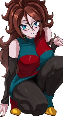 android_21 android_21_(human) blue_eyes breasts brown_hair busty dragon_ball dragon_ball_fighterz dragon_ball_z female glasses kneeling light-skinned_female light_skin looking_up_at_viewer takundraws white_background